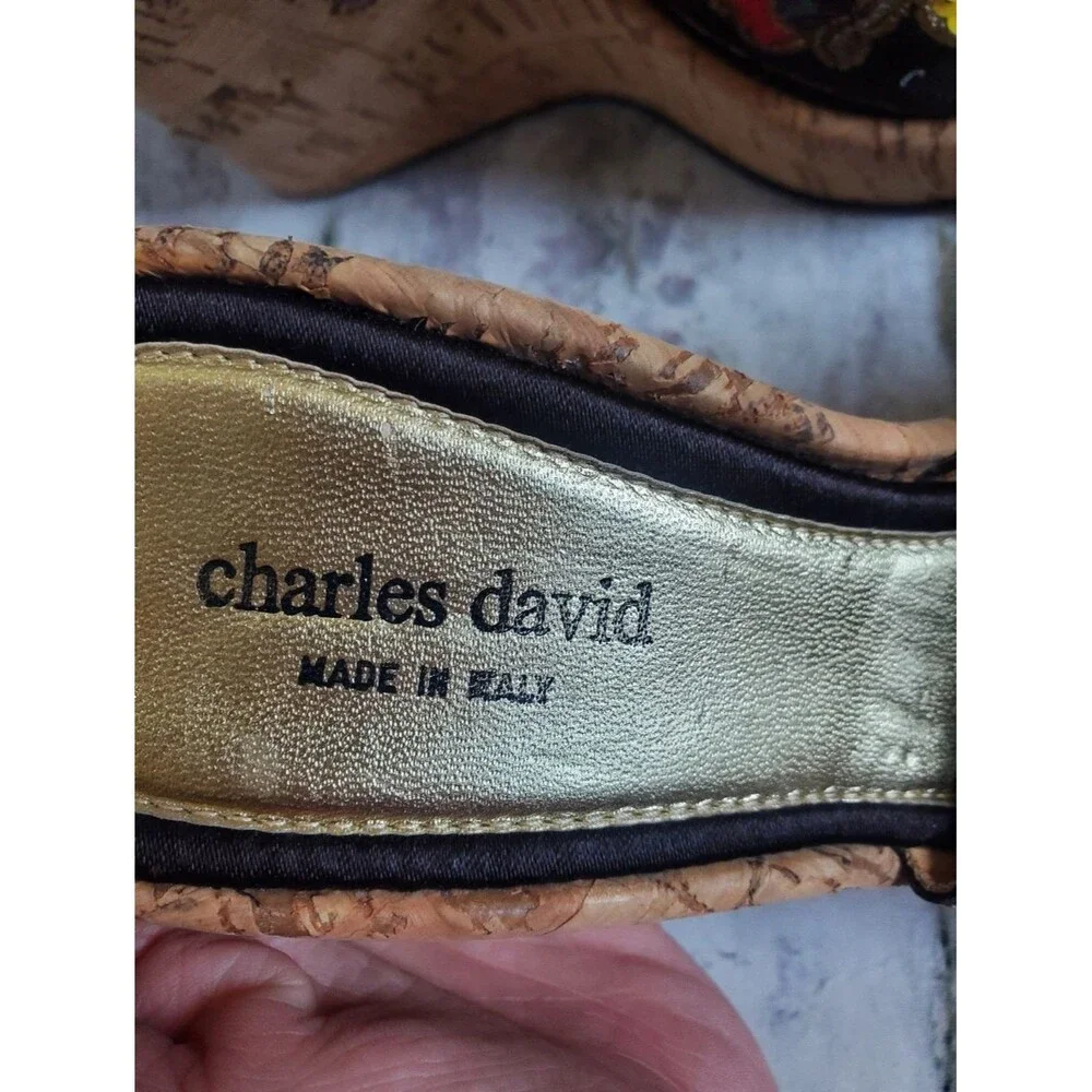 Charles David Women's Embellished Cork Wedge Sandals - Black & Gold, Size 8.5